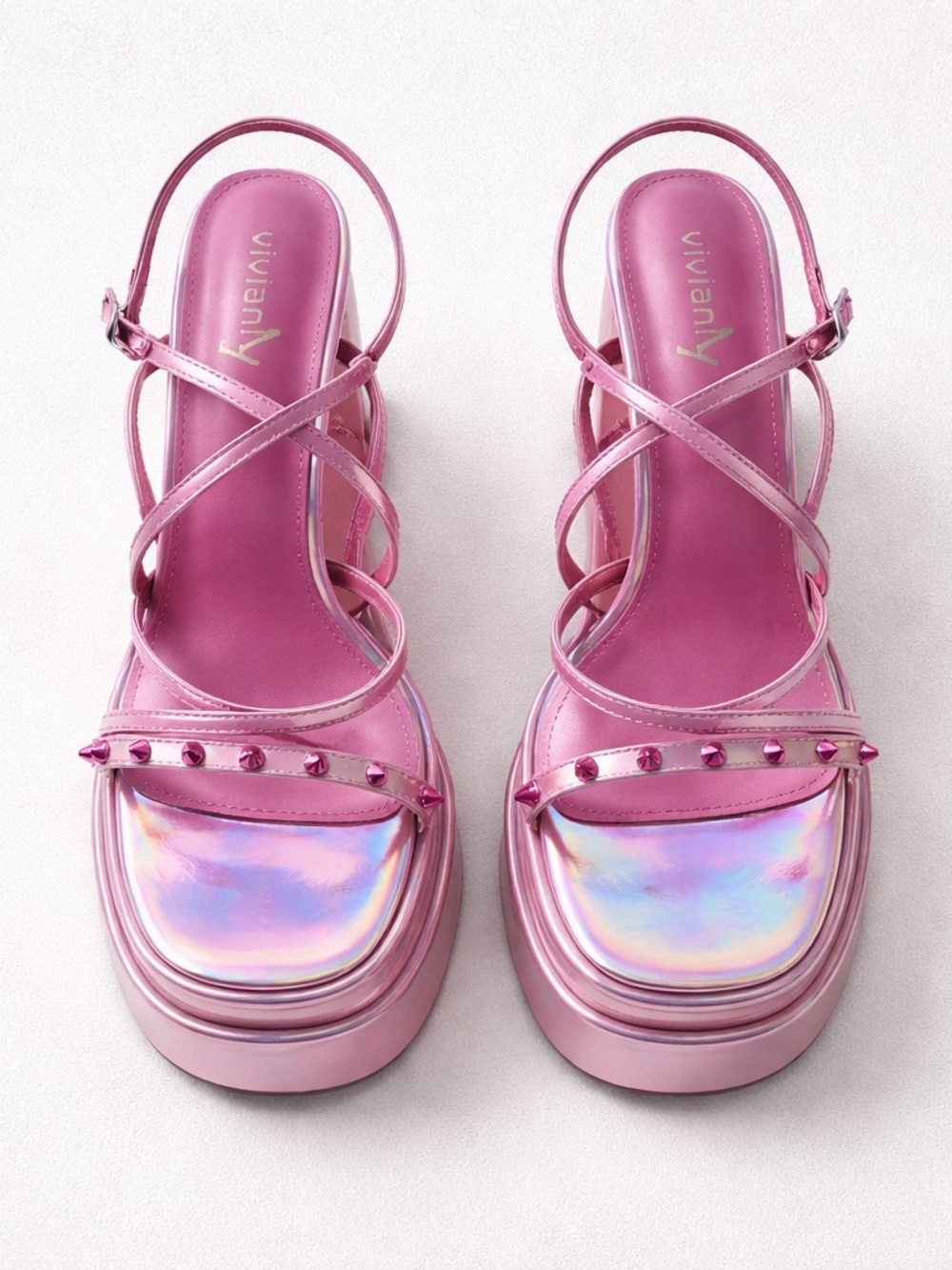 Vivianly Metallic Pink Holographic Platform Sandals